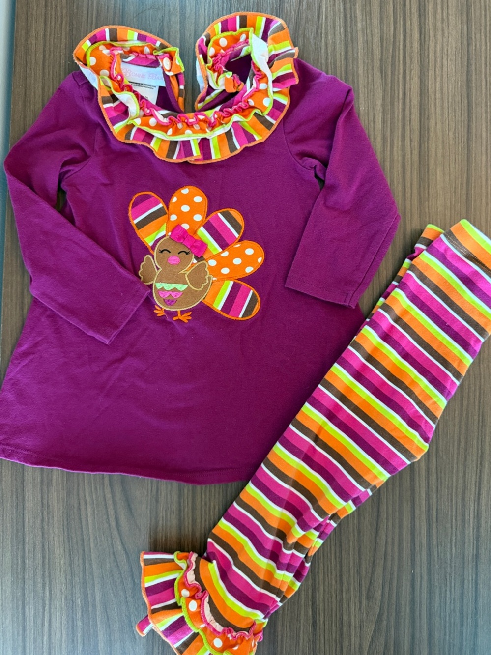 Bonnie Baby Purple Turkey Ruffle Pajama Set with Rainbow Stripes